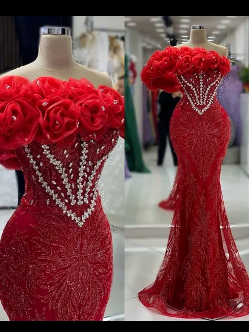 Red Beaded Off-Shoulder Prom Dress - Picture 1 of 1